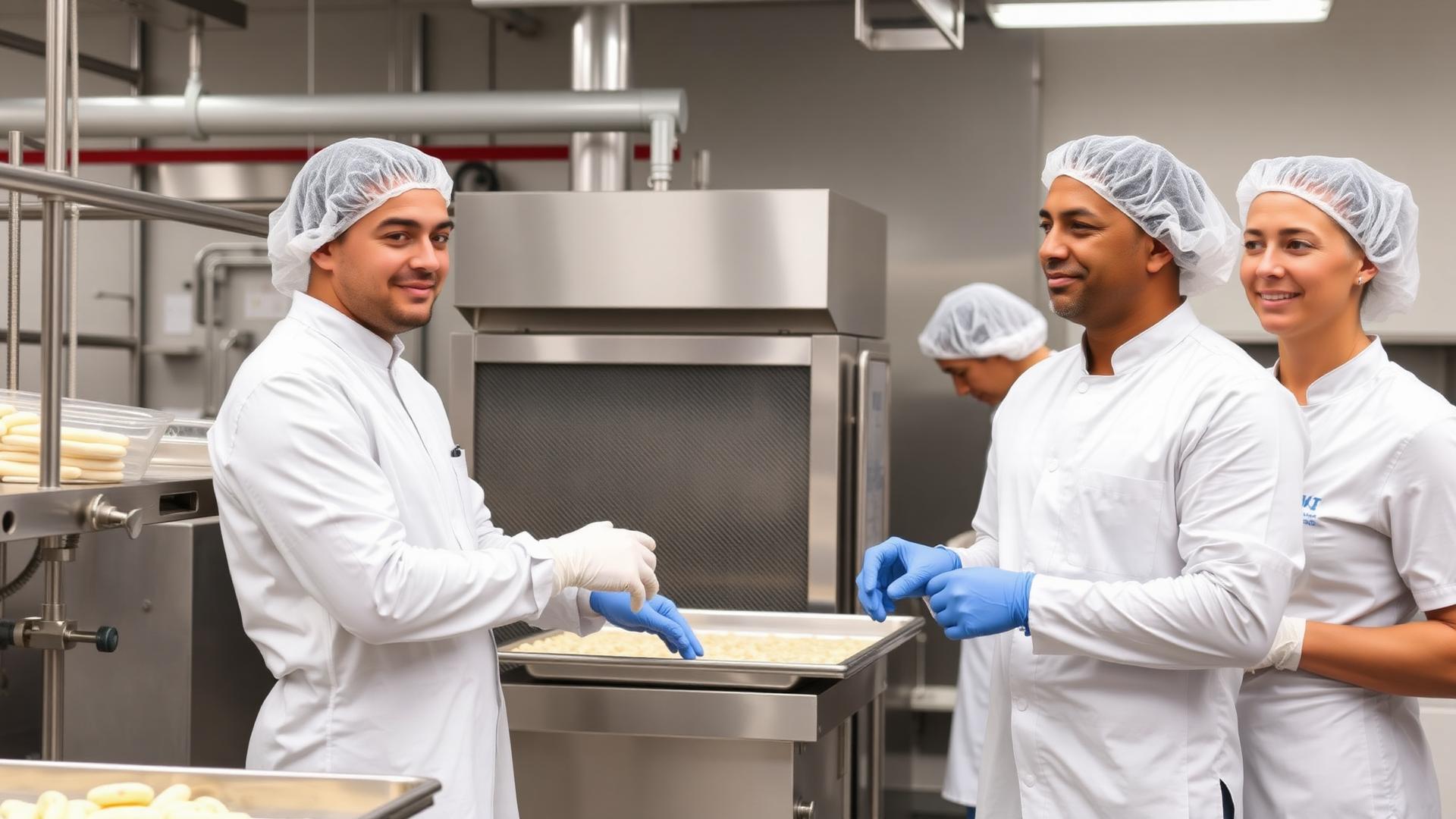 Food production workers in a clean processing facility