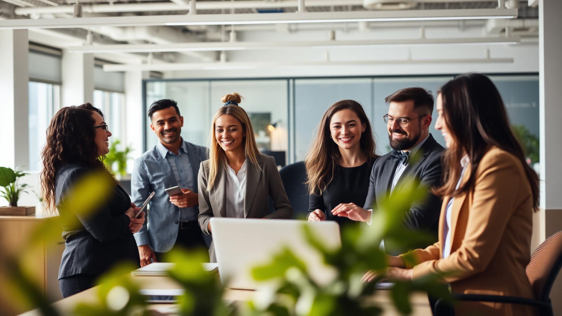 Diverse team of administrative professionals collaborating in a modern office
