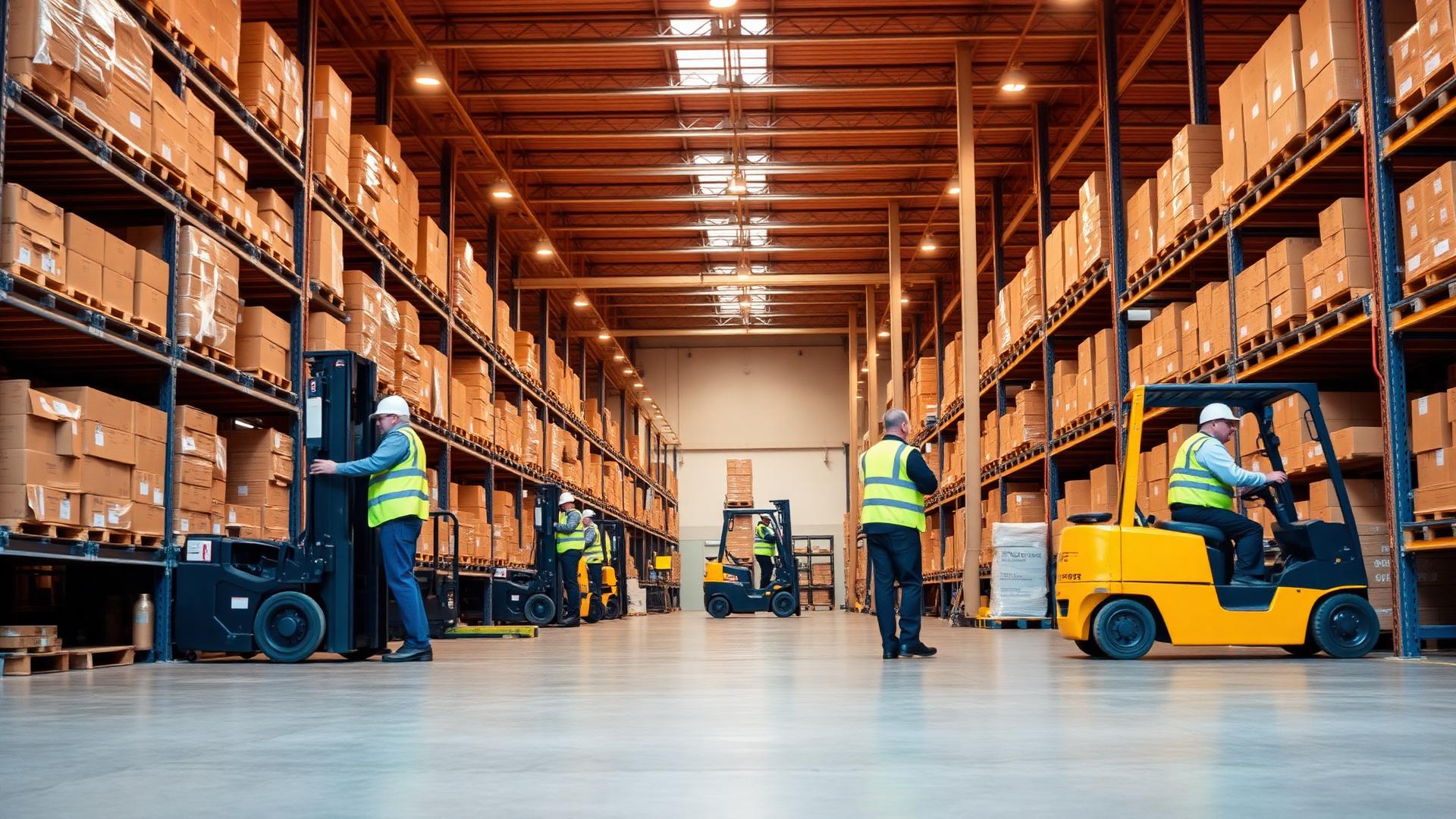 Warehouse workers in safety vests operating forklifts in a modern distribution center